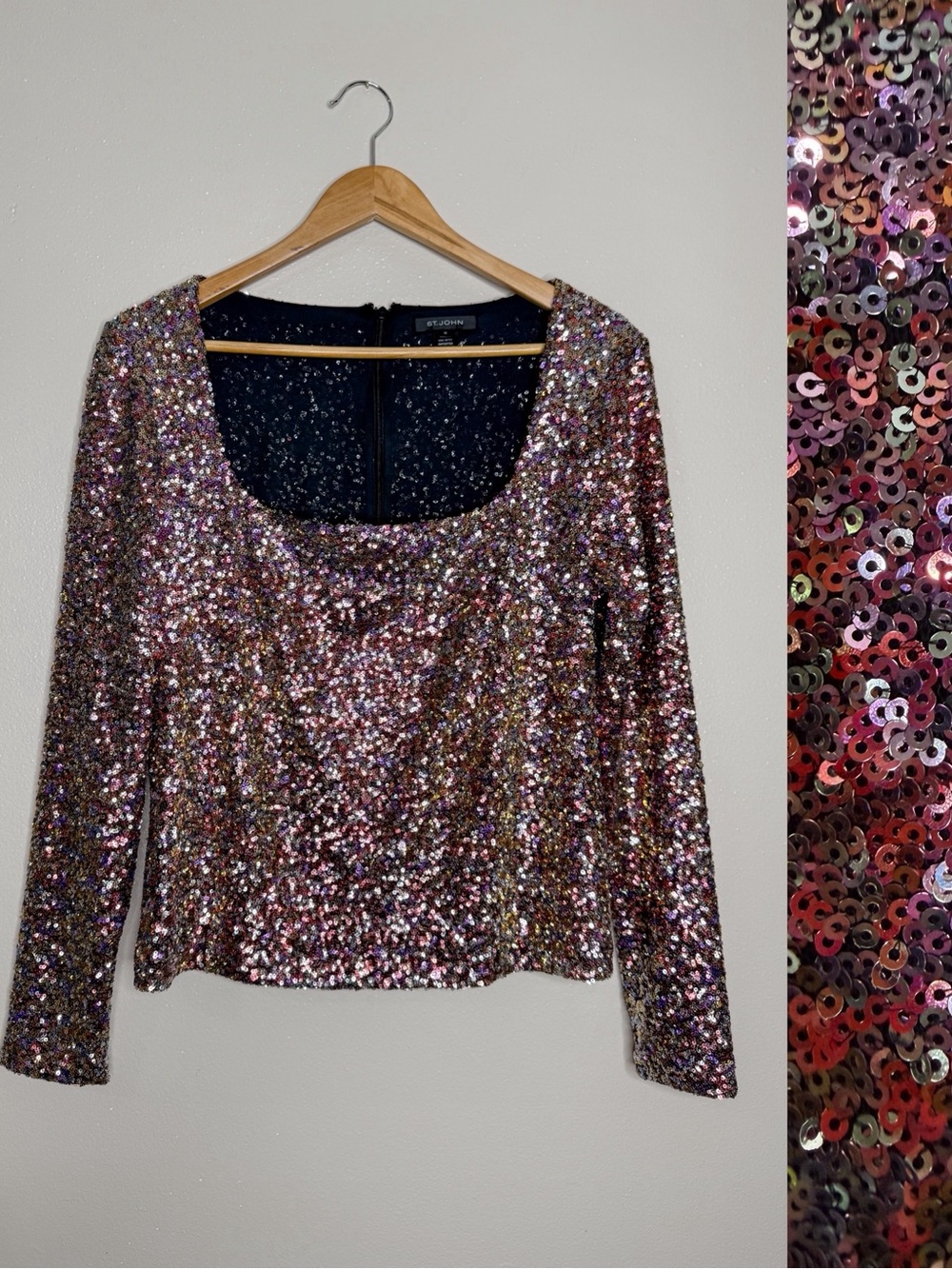 St. John Womens Hologram Sequin Top, Black and Pink